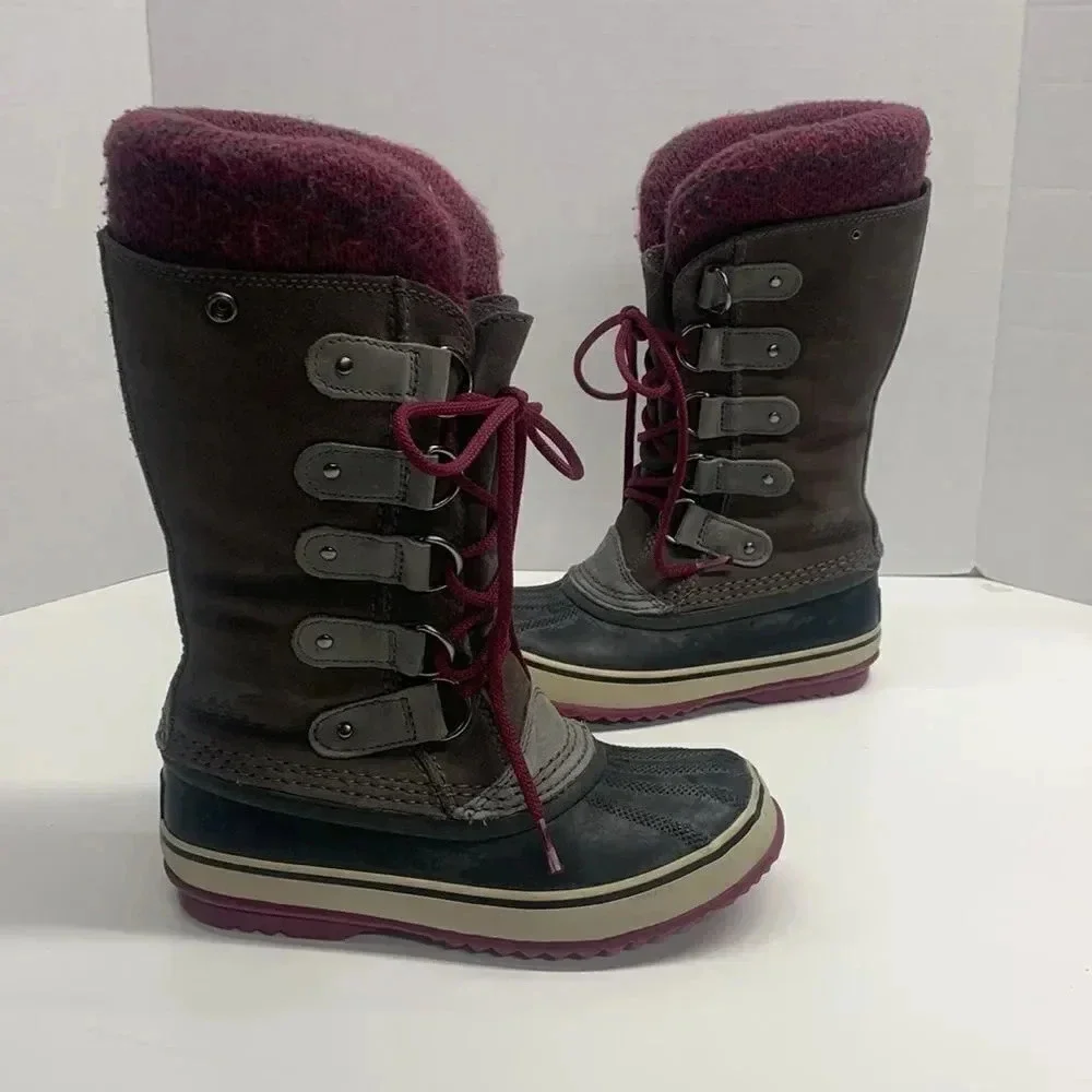 Sorel Joan of Arctic Knit Lace Up Waterproof Winter Boots Gray Womens Size 6